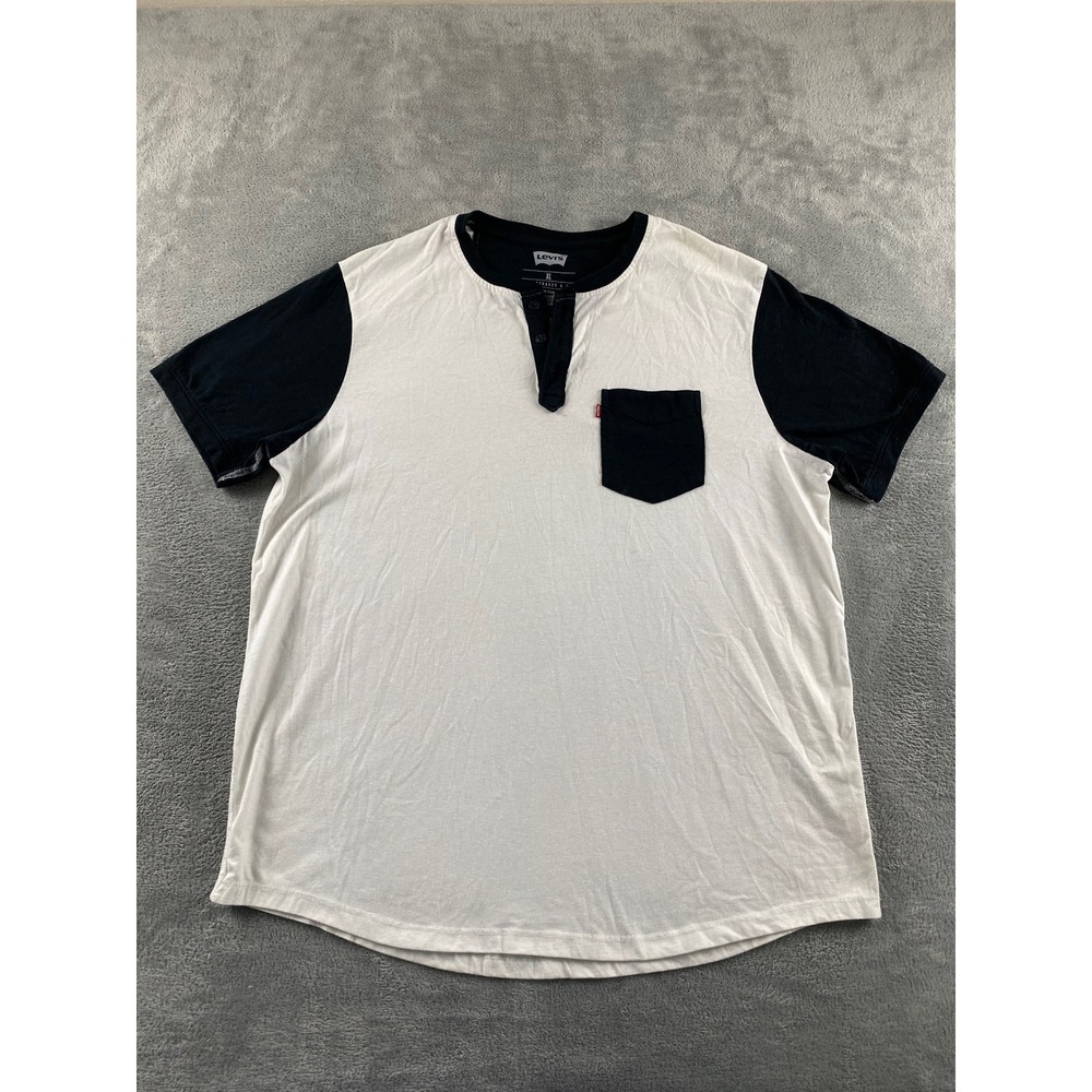 Levis Mens XL Henley Shirt Short Sleeve Colorblock White Black Pocket Curved Hem